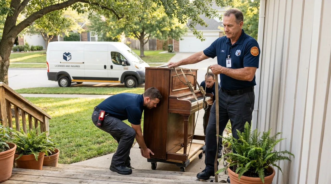Licensed piano movers securing grand piano in River Forest, IL