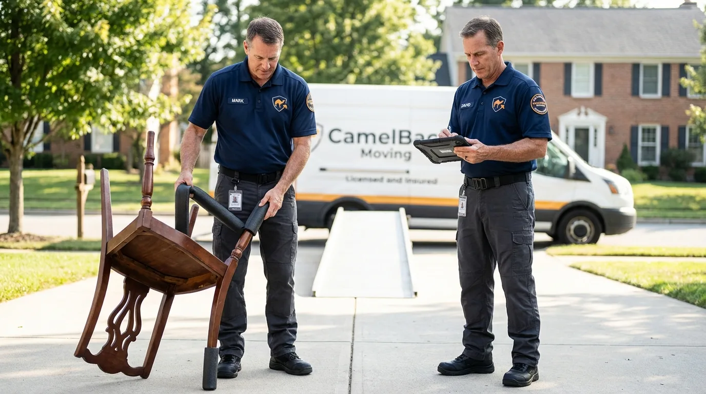 Movers inspecting furniture for damage prevention before loading in River Forest, IL