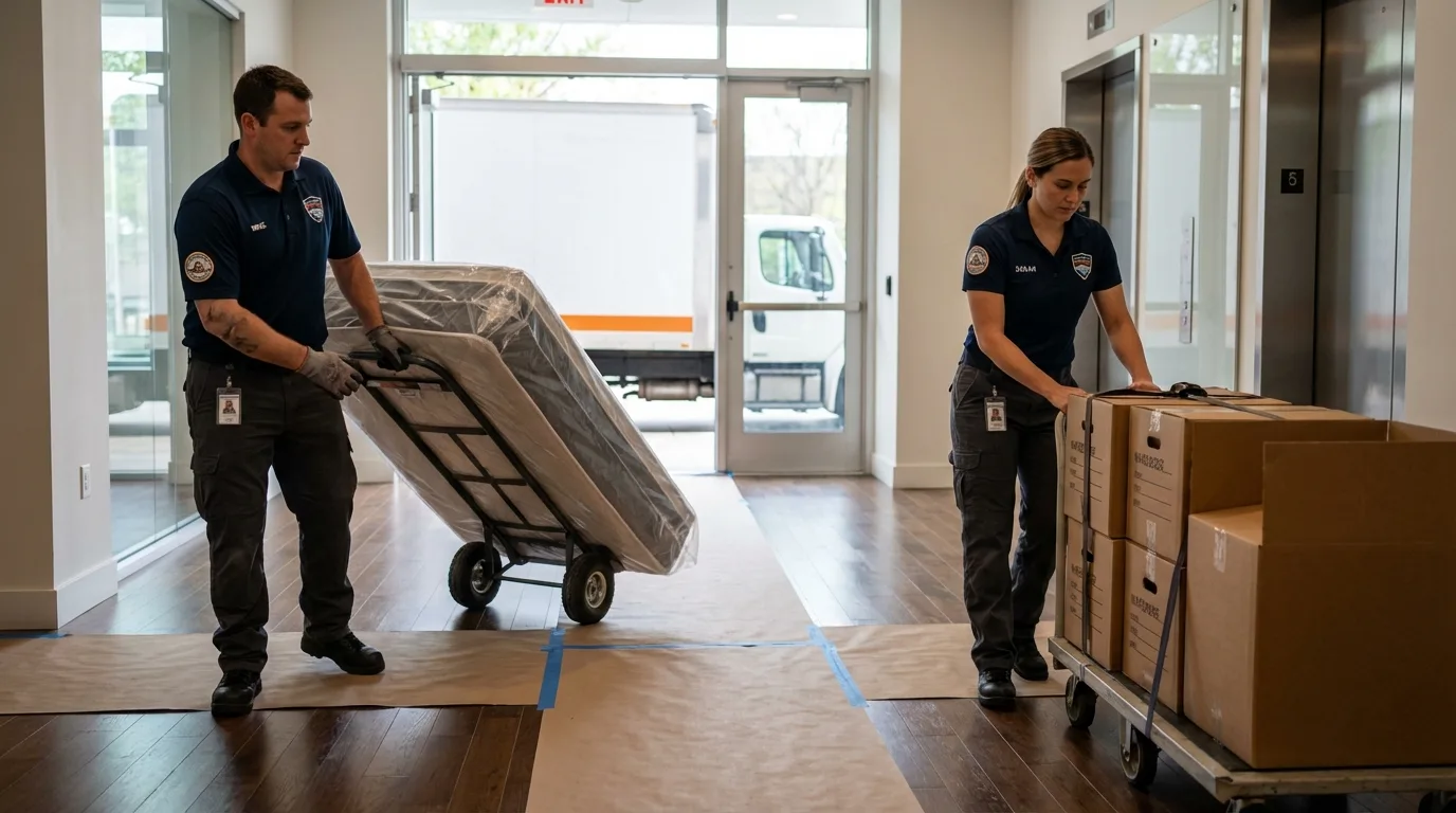 Professional apartment movers loading elevator in River Forest, IL