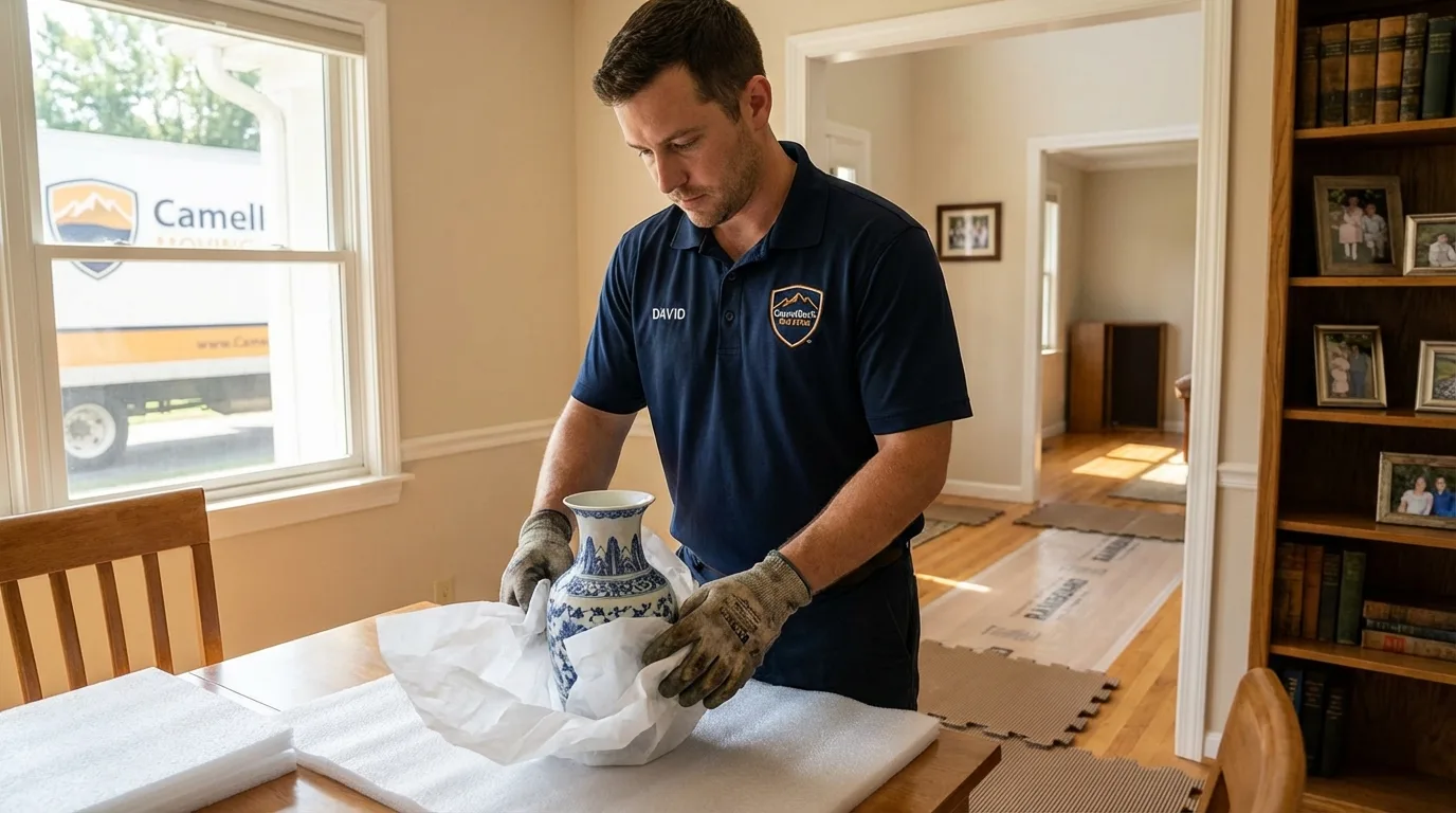 Professional crew carefully wrapping antique vase for senior downsizing move in River Forest, IL